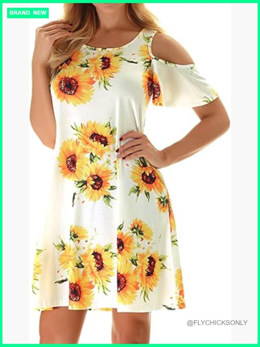 Polyester Spandex Cold Shoulder Floral T-Shirt Dress with Pockets